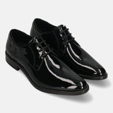A black Men's bugatti Derby featuring a pointed toe plain toe, stacked heel. Made from premium genuine leather with a durable leather outsole, this laces design offers both style and comfort.