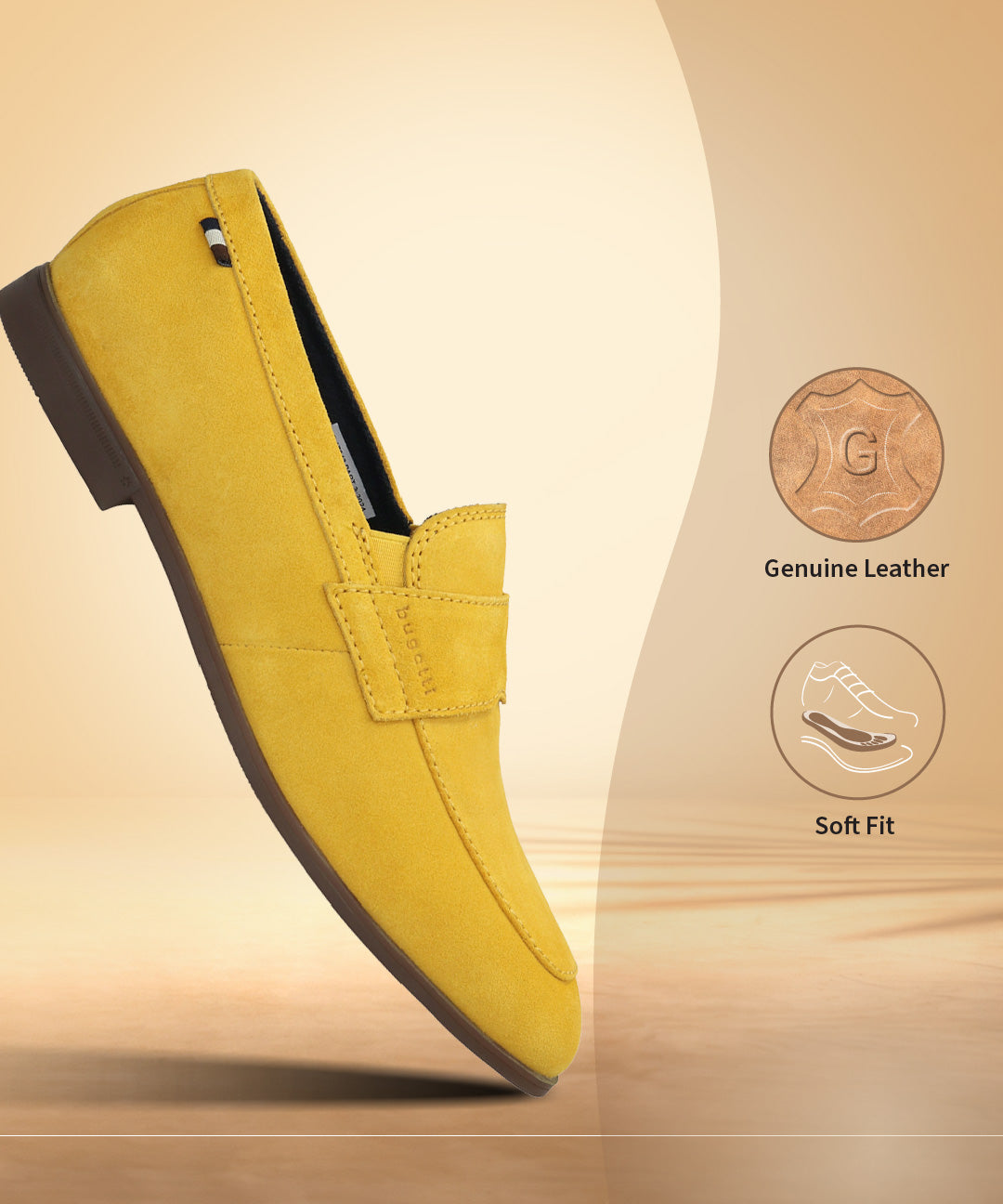 Yellow premium leather loafers by bugatti with tonal stitching and slip-on styling.