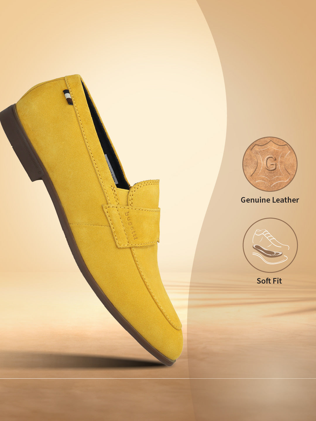 Yellow premium leather loafers by bugatti with tonal stitching and slip-on styling.