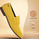 Yellow premium leather loafers by bugatti with tonal stitching and slip-on styling.
