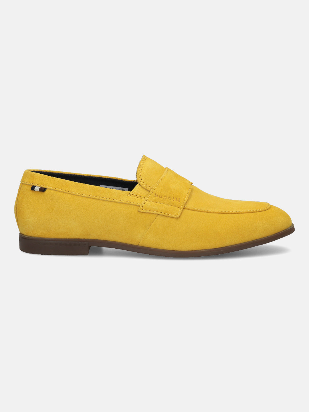 Yellow leather loafer by bugatti with a brown sole, shown in a side view.