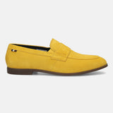 Yellow leather loafer by bugatti with a brown sole, shown in a side view.