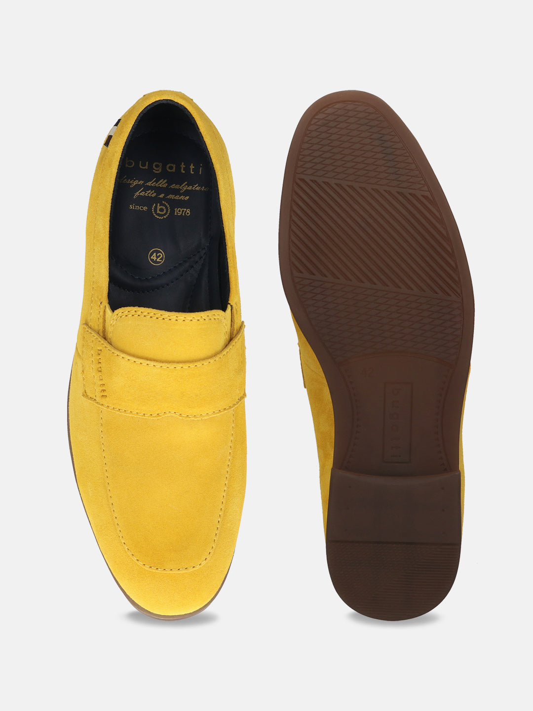 Yellow suede penny loafers by bugatti, displayed with the sole showing a textured brown rubber.
