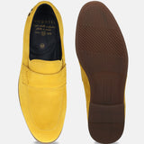 Yellow suede penny loafers by bugatti, displayed with the sole showing a textured brown rubber.