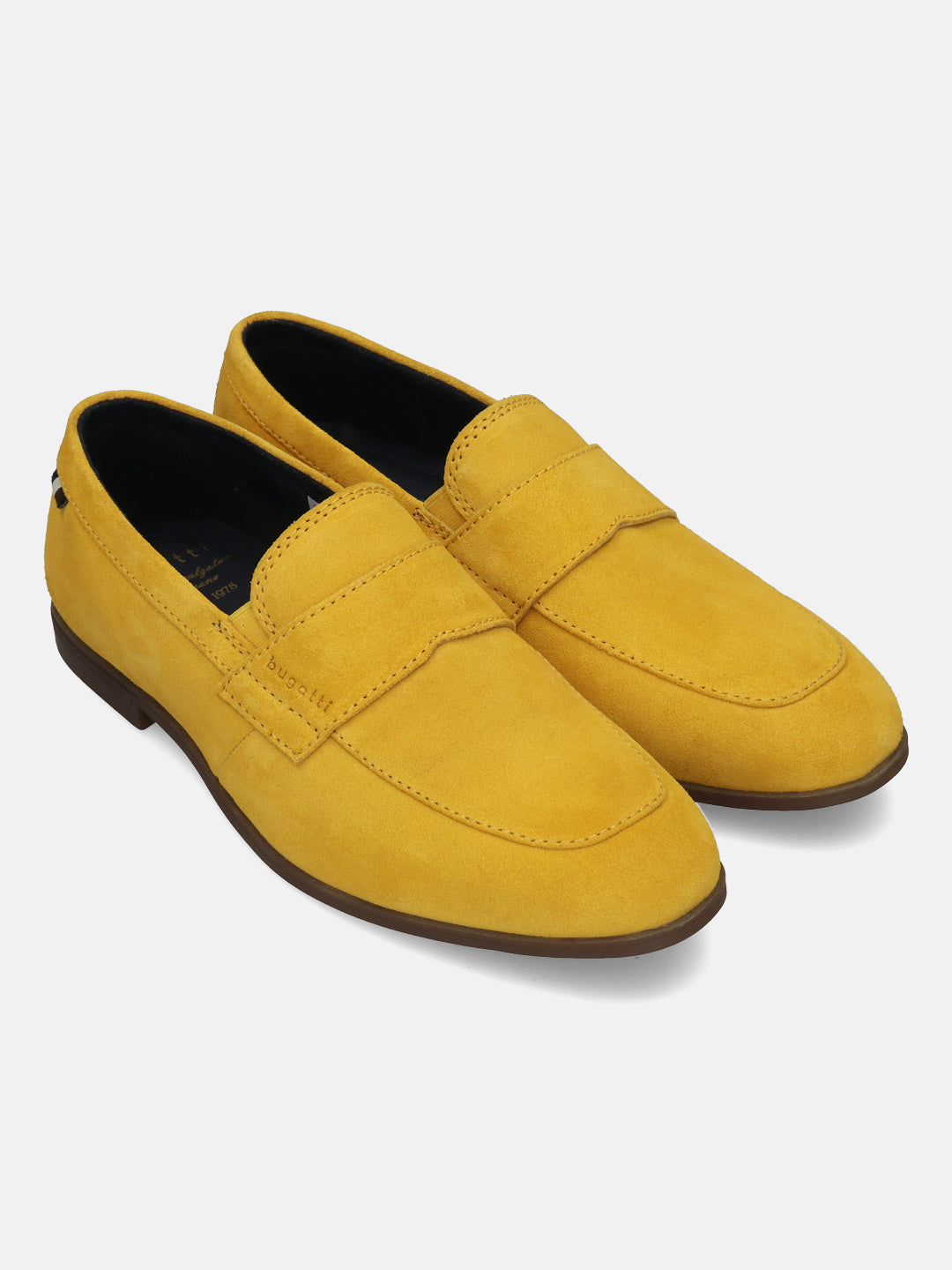 Yellow leather penny loafers by bugatti, with visible stitching and a dark brown sole.