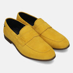 Yellow leather penny loafers by bugatti, with visible stitching and a dark brown sole.