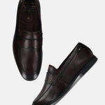 Men's Bugatti penny loafer red leather shoes with a round toe and apron toe featuring a stacked heel , a tpr outsole.
