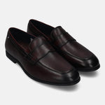 Men's Bugatti penny loafer red leather shoes with a round toe and apron toe featuring a stacked heel , a tpr outsole.