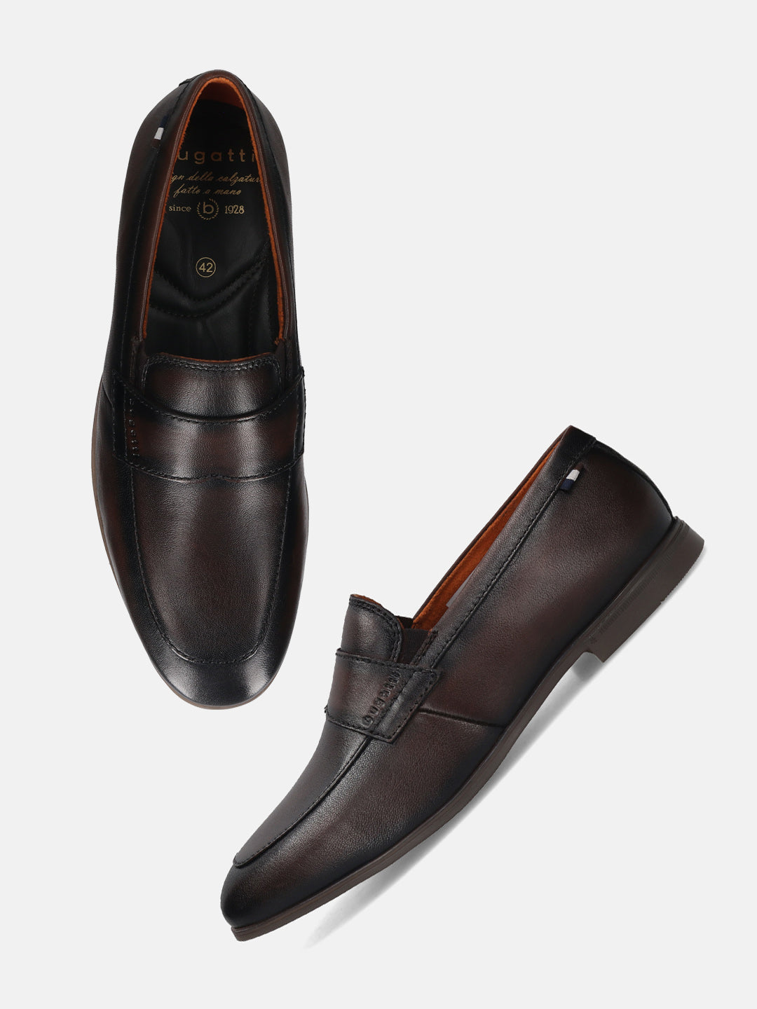 Dark brown leather penny loafers by bugatti, presented on a white background.