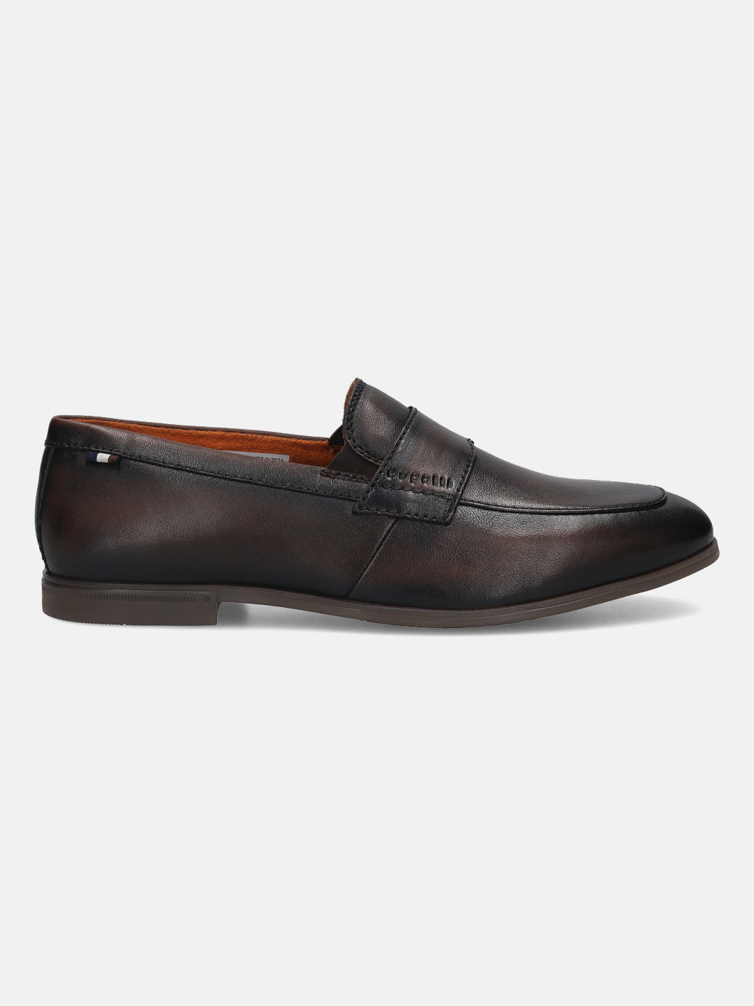 Dark brown leather penny loafer by bugatti with a dressy style and a low heel.