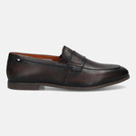 Dark brown leather penny loafer by bugatti with a dressy style and a low heel.