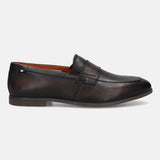 Dark brown leather penny loafer by bugatti with a dressy style and a low heel.