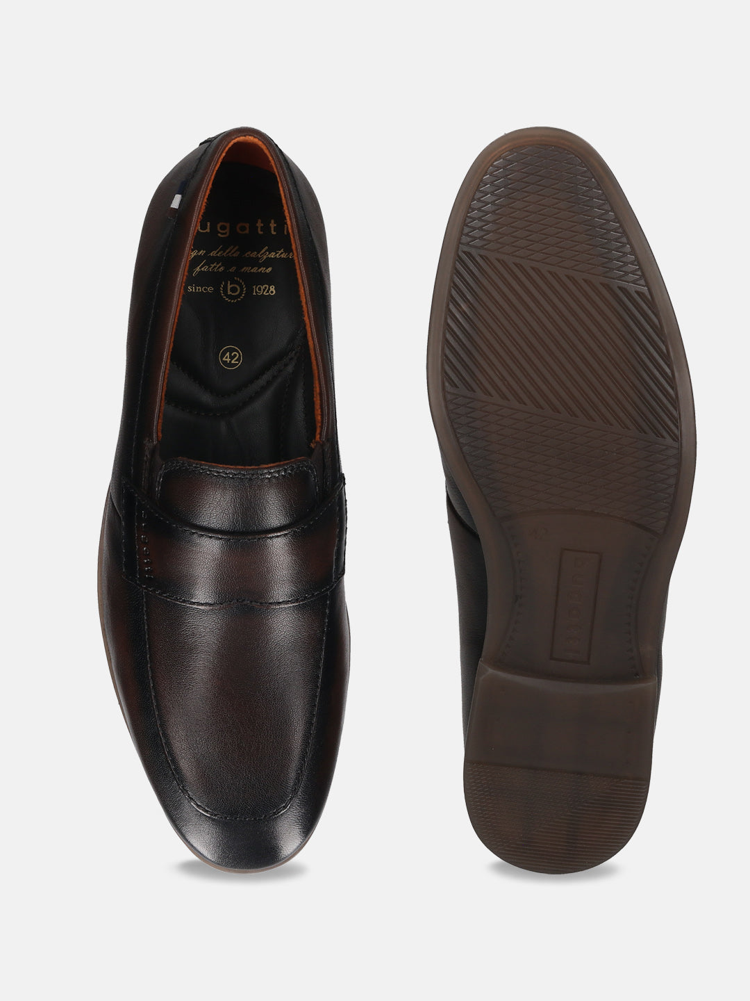 Dark brown premium leather loafers by bugatti showing the insole and sole.
