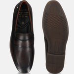 Dark brown premium leather loafers by bugatti showing the insole and sole.