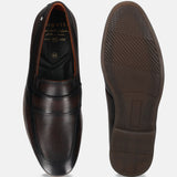 Dark brown premium leather loafers by bugatti showing the insole and sole.