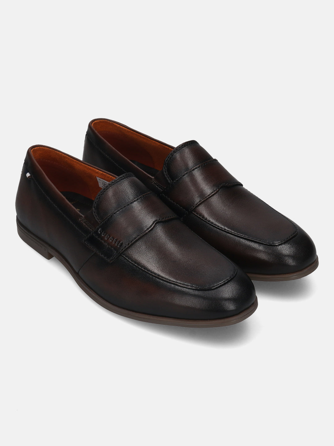 Dark brown leather penny loafers by bugatti, showcasing a smooth finish and simple design.