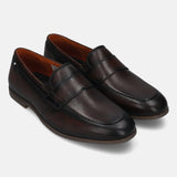 Dark brown leather penny loafers by bugatti, showcasing a smooth finish and simple design.