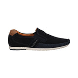 Side view of a bugatti Spartan dark blue leather sneaker featuring a brown heel accent and detailed stitching.
