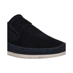 Cropped view of a bugatti Spartan slip-on sneaker in dark blue suede with elastic side gores and stitched details.
