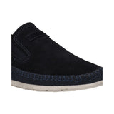 Cropped view of a bugatti Spartan slip-on sneaker in dark blue suede with elastic side gores and stitched details.
