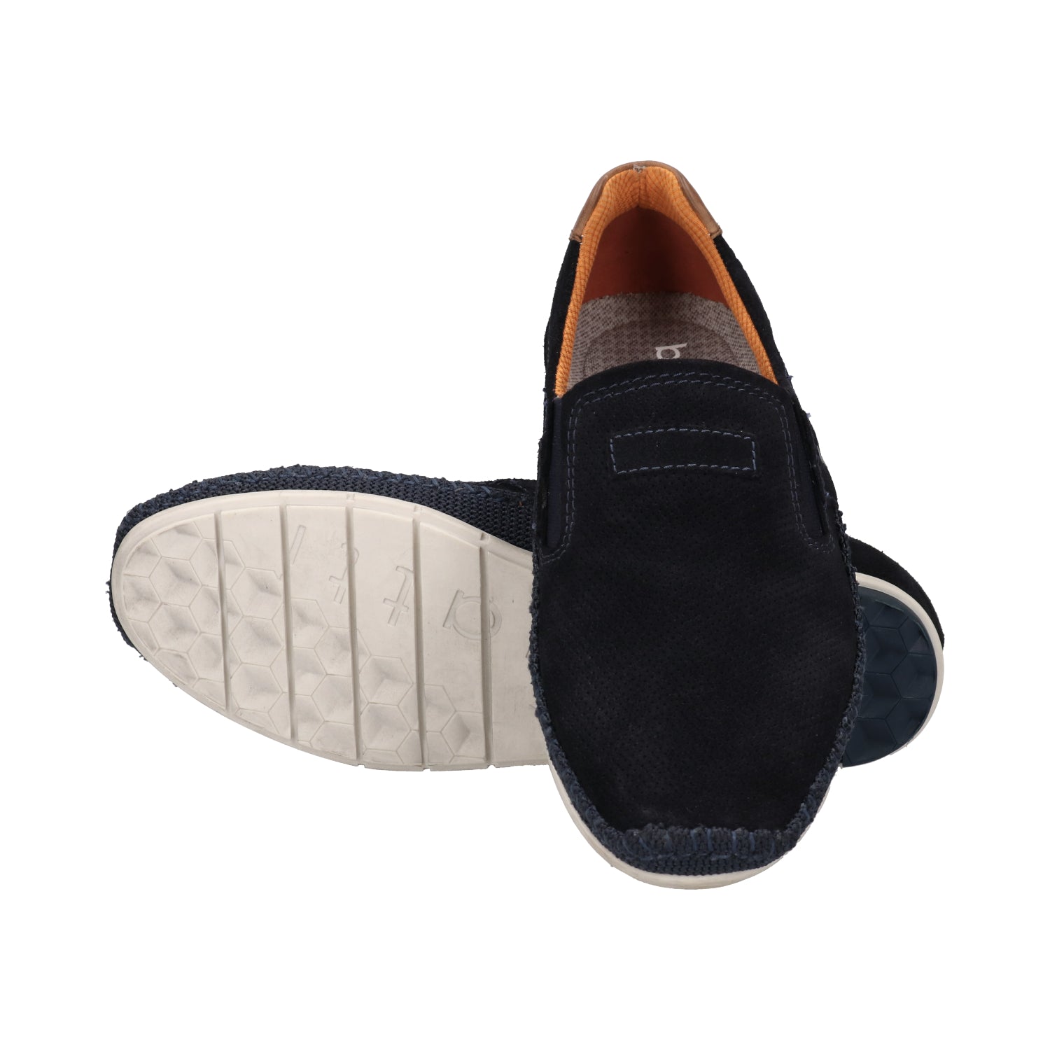 bugatti Spartan dark blue premium leather slip-on sneakers with a textured sole and orange lining.

