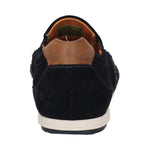 Back view of a dark blue bugatti Spartan sneaker with suede-like texture and brown leather detail at the heel.