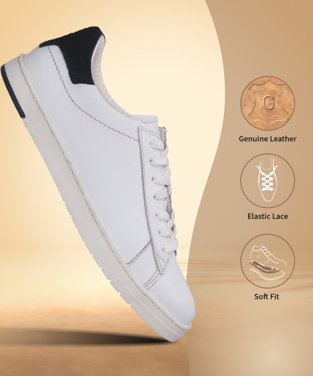 bugatti Orazio white premium leather comfort sneakers with navy heel accent and elastic laces.