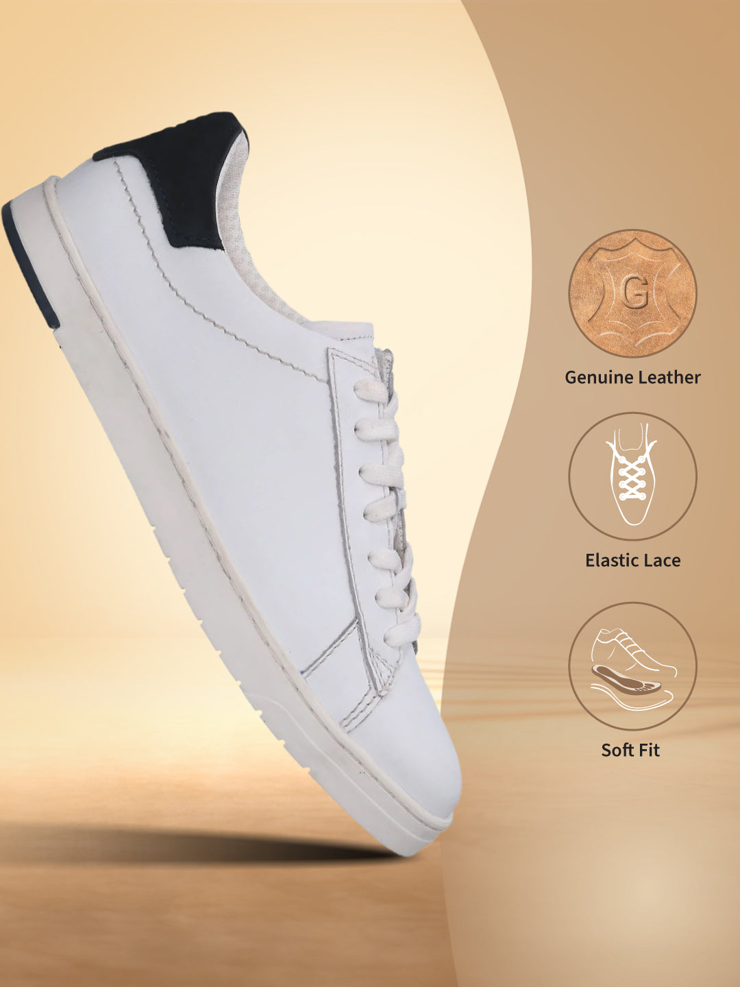 bugatti Orazio white premium leather comfort sneakers with navy heel accent and elastic laces.