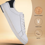 bugatti Orazio white premium leather comfort sneakers with navy heel accent and elastic laces.