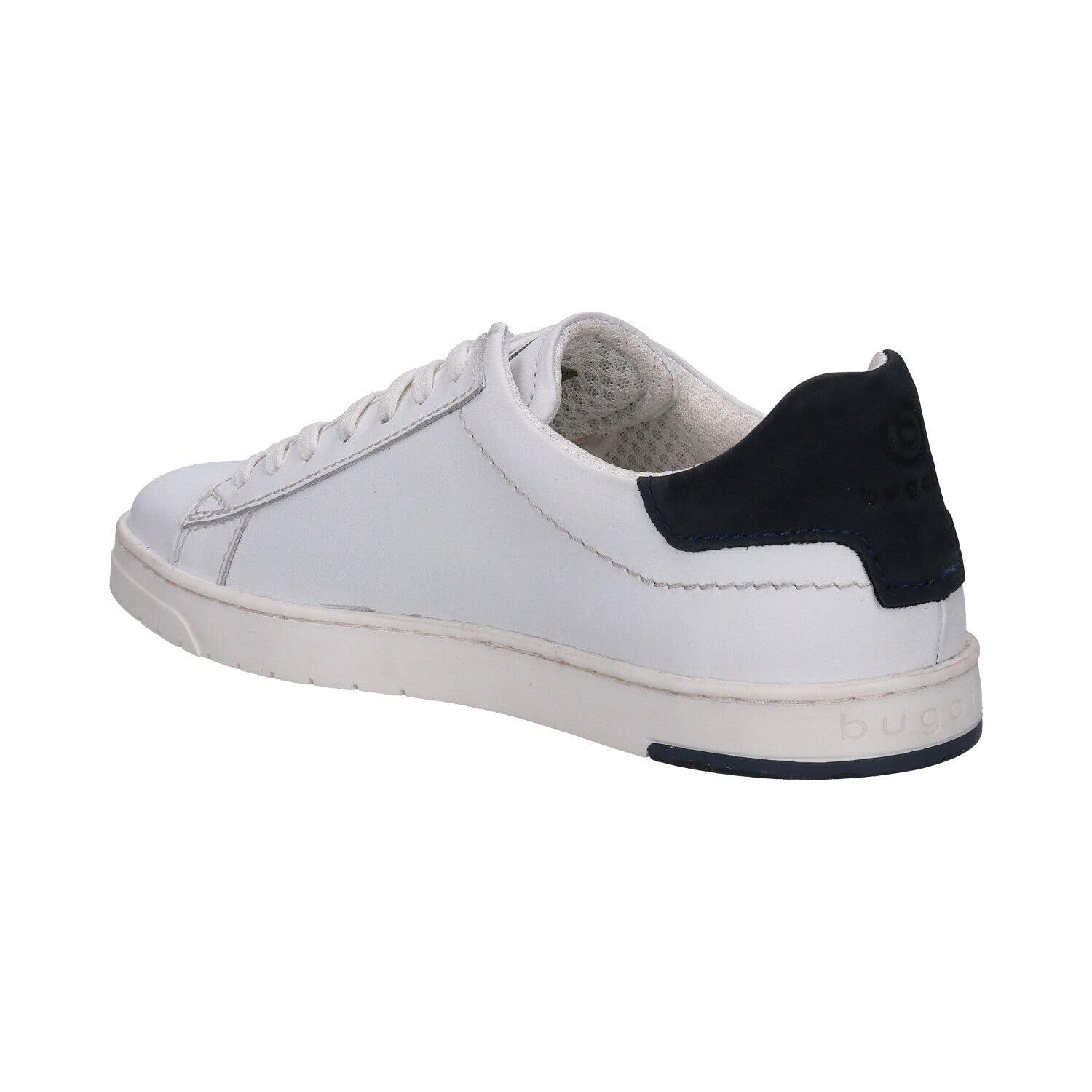 Bugatti Orazio white sneakers in premium leather with navy heel accent, shown in back angle view.