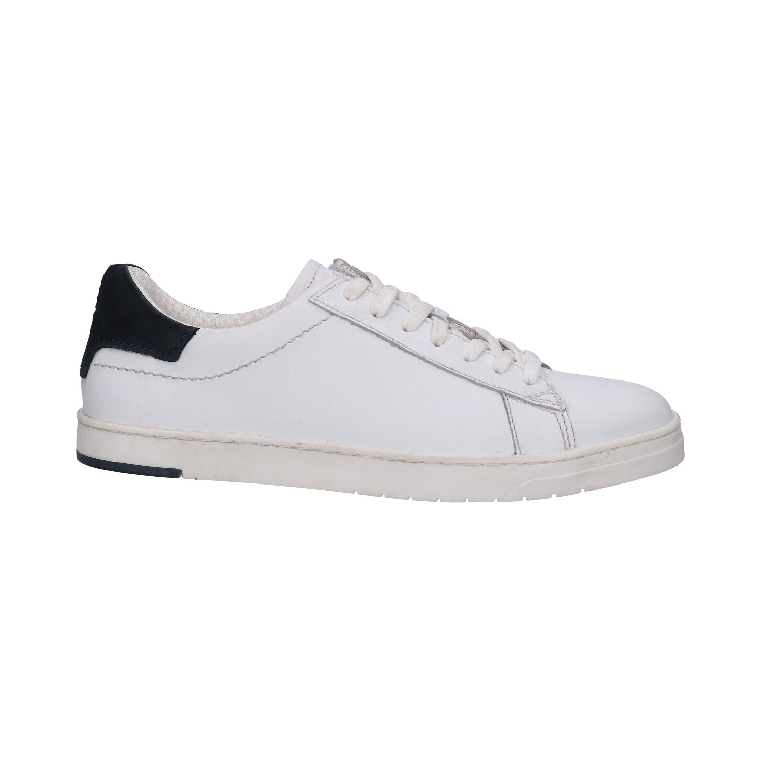 bugatti Orazio white leather sneakers with a black heel accent and lace-up closure, shown in a side view.
