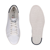Bugatti Orazio white premium leather sneakers, seen from above, with white laces and a dark blue trim.

