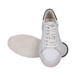 bugatti Orazio white premium leather sneakers with white laces and black padded collar, viewed from above.
