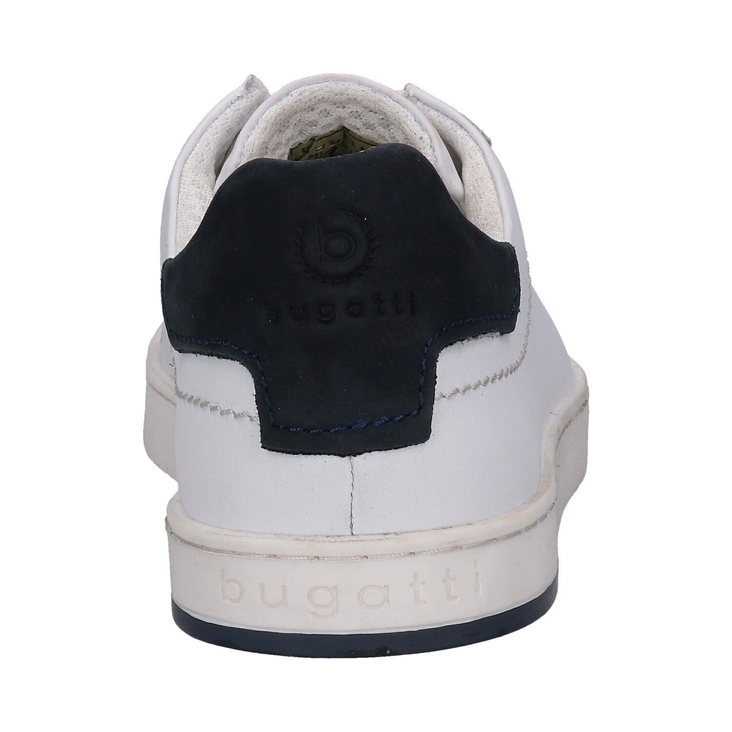 Back view of the bugatti Orazio sneakers in white leather with a dark blue heel counter and brand name on the sole.