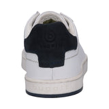 Back view of the bugatti Orazio sneakers in white leather with a dark blue heel counter and brand name on the sole.