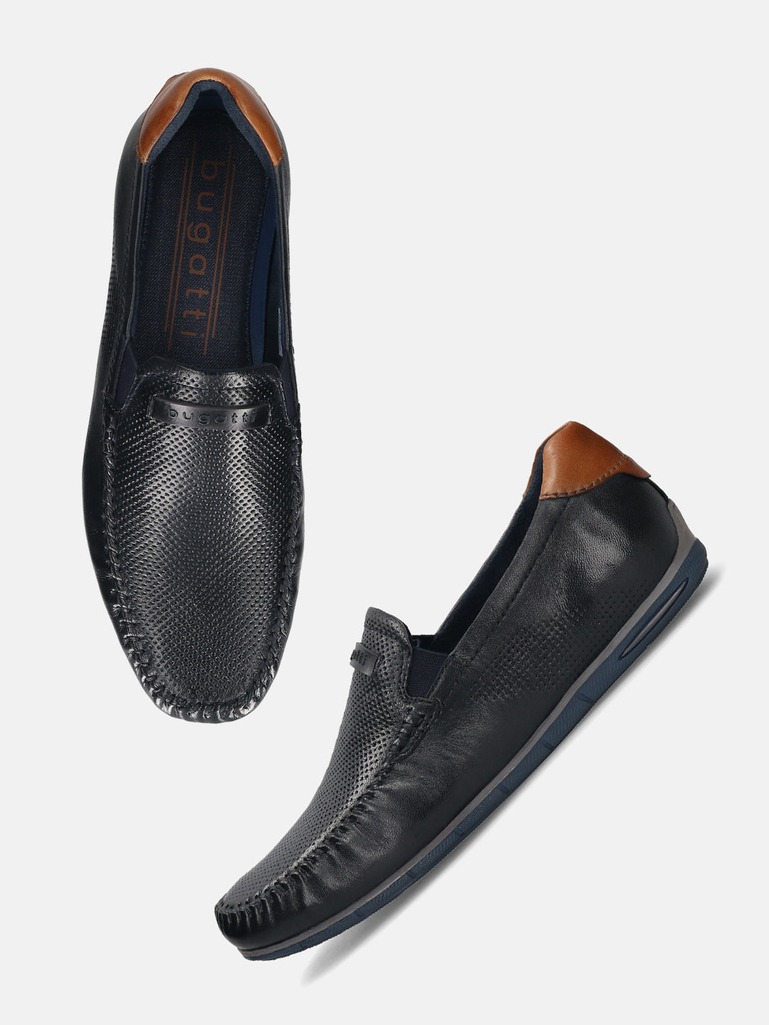 Men's Bugatti casual blue leather shoes with a square toe and apron toe , a tpr outsole.