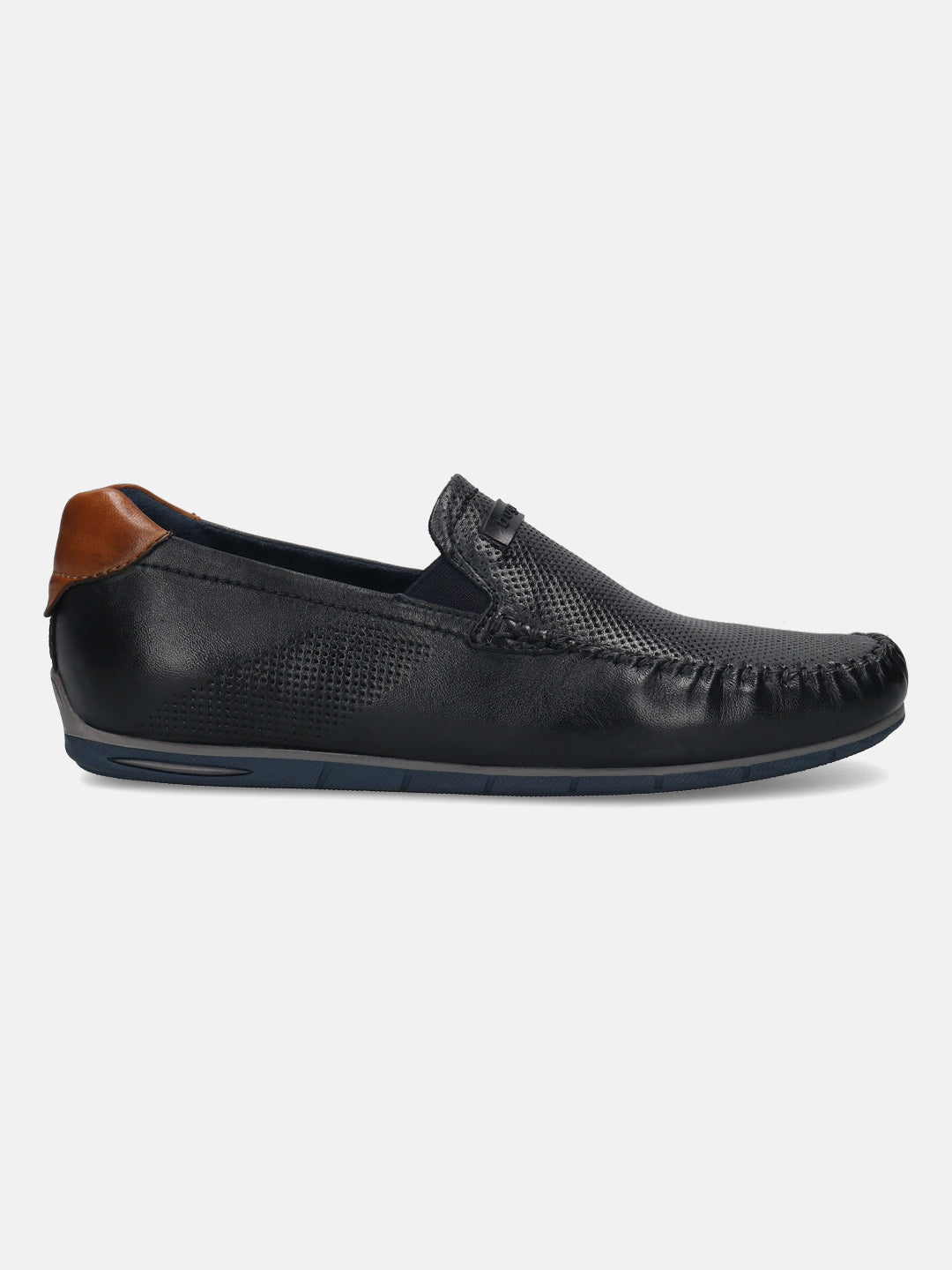 Men's Bugatti casual blue leather shoes with a square toe and apron toe , a tpr outsole.