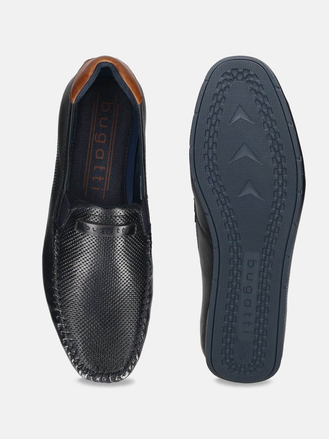Men's Bugatti casual blue leather shoes with a square toe and apron toe , a tpr outsole.
