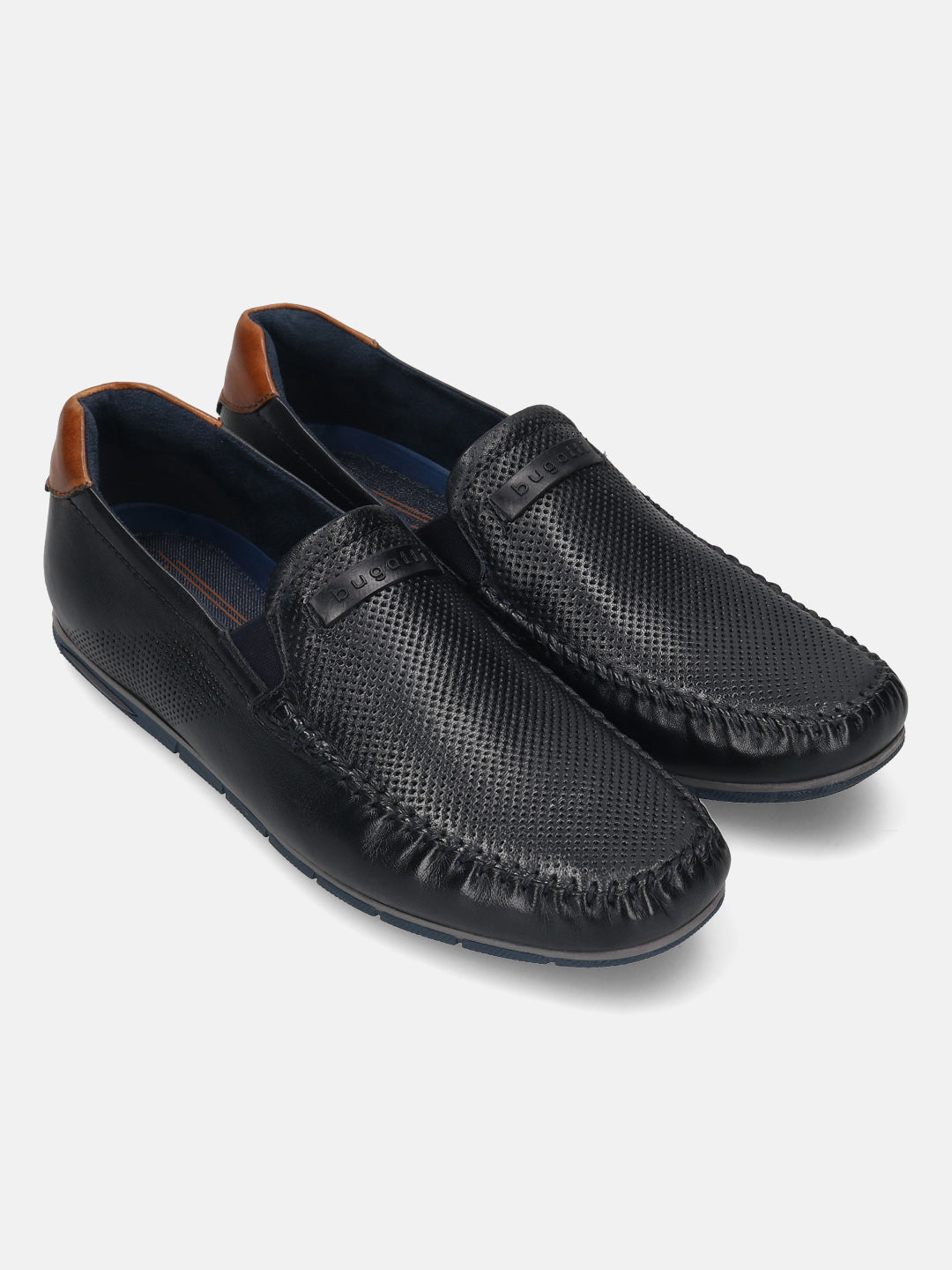 Men's Bugatti casual blue leather shoes with a square toe and apron toe , a tpr outsole.