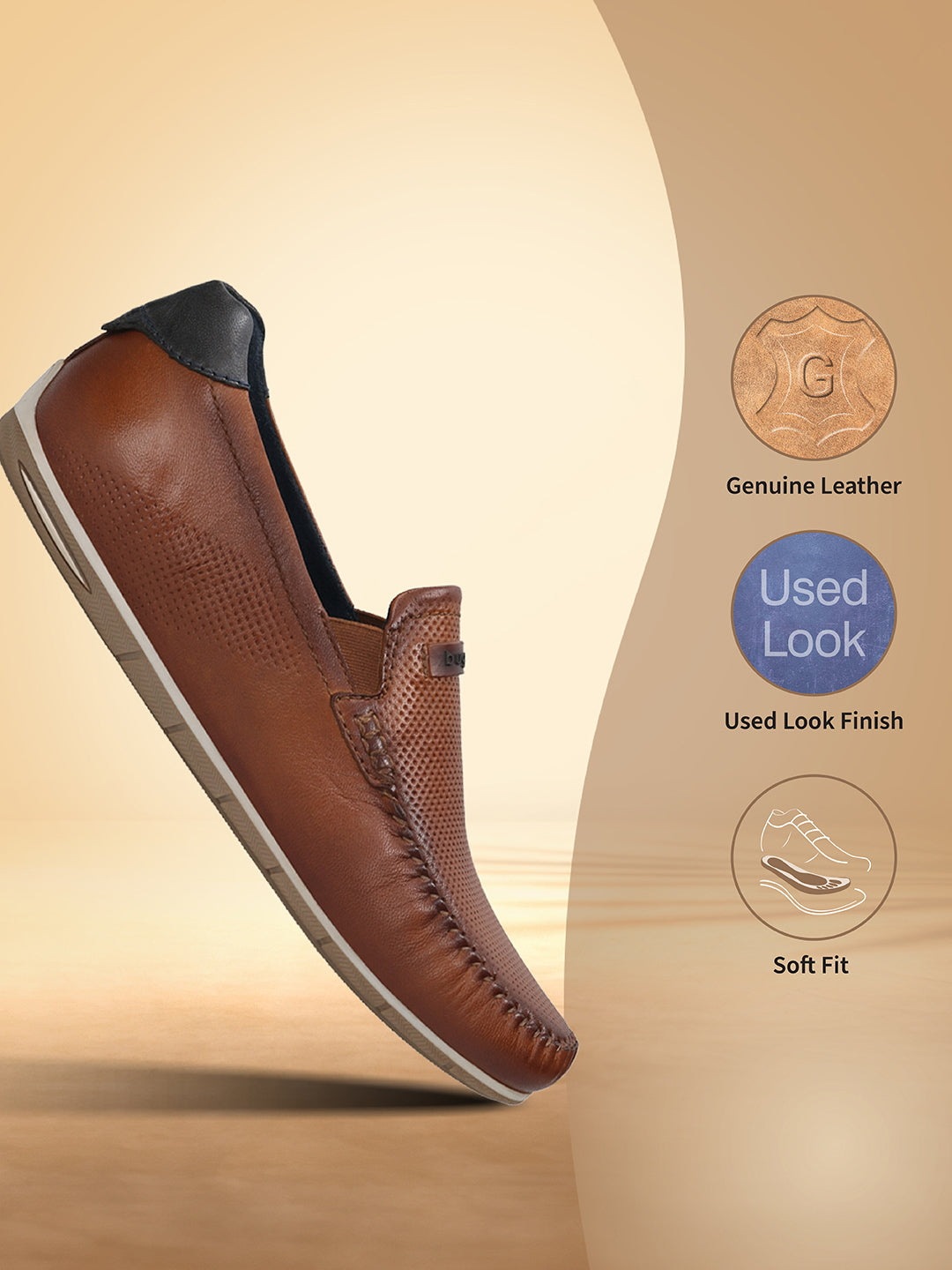 Men's Bugatti casual cognac leather shoes with a square toe and apron toe , a tpr outsole.