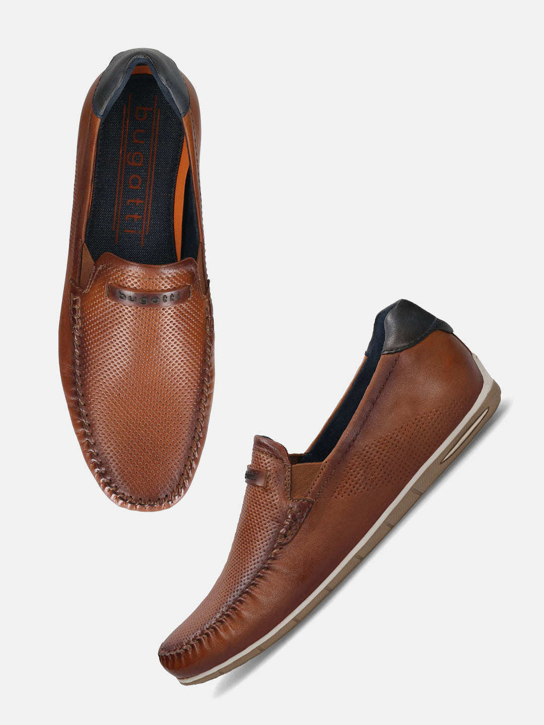 Men's Bugatti casual cognac leather shoes with a square toe and apron toe , a tpr outsole.