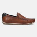 Men's Bugatti casual cognac leather shoes with a square toe and apron toe , a tpr outsole.