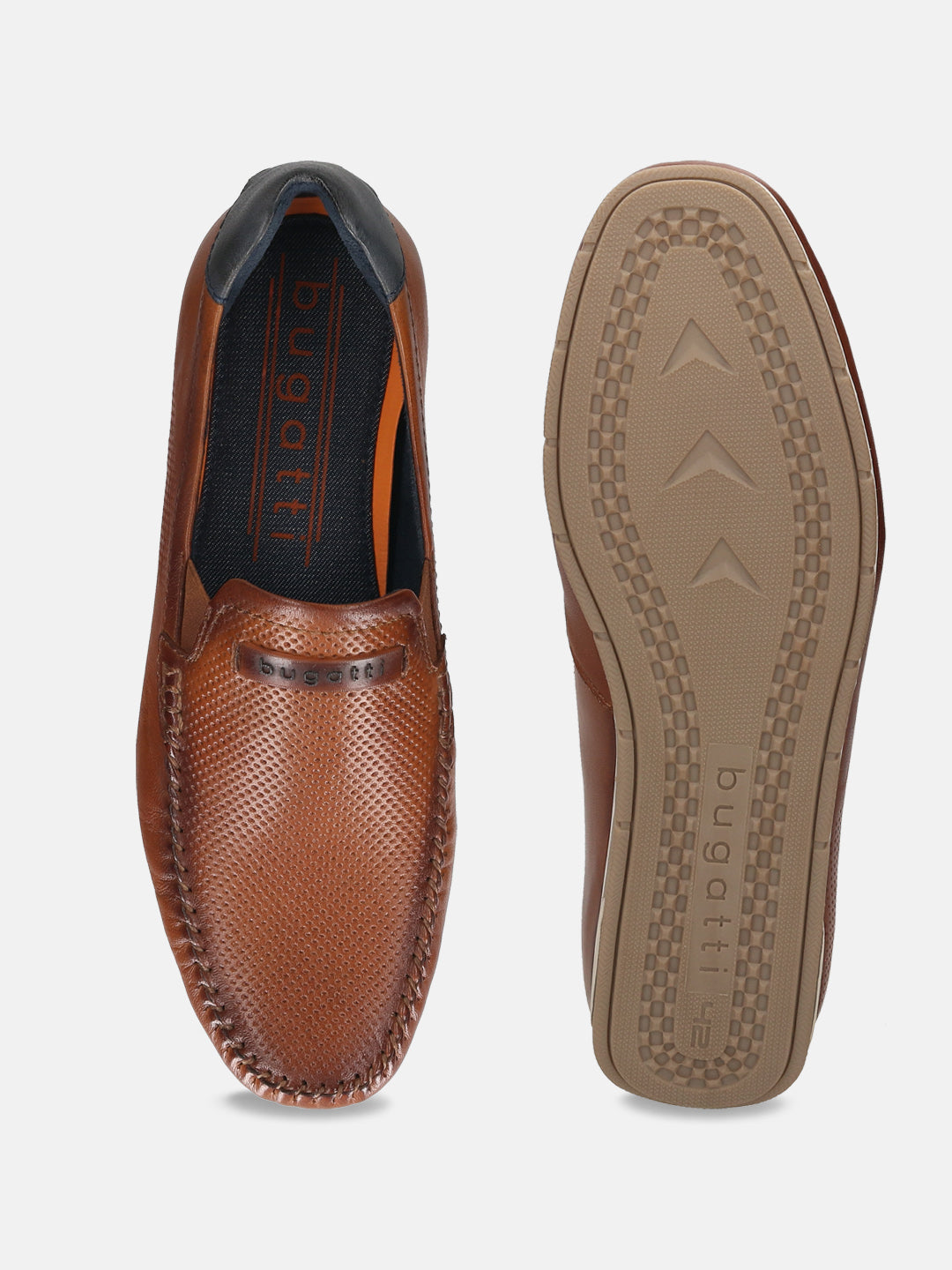 Men's Bugatti casual cognac leather shoes with a square toe and apron toe , a tpr outsole.