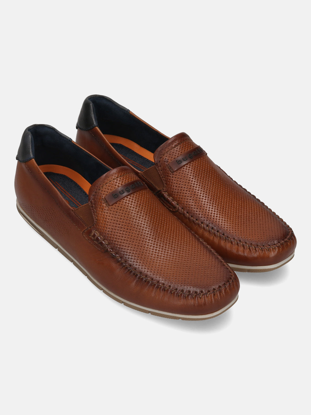 Men's Bugatti casual cognac leather shoes with a square toe and apron toe , a tpr outsole.