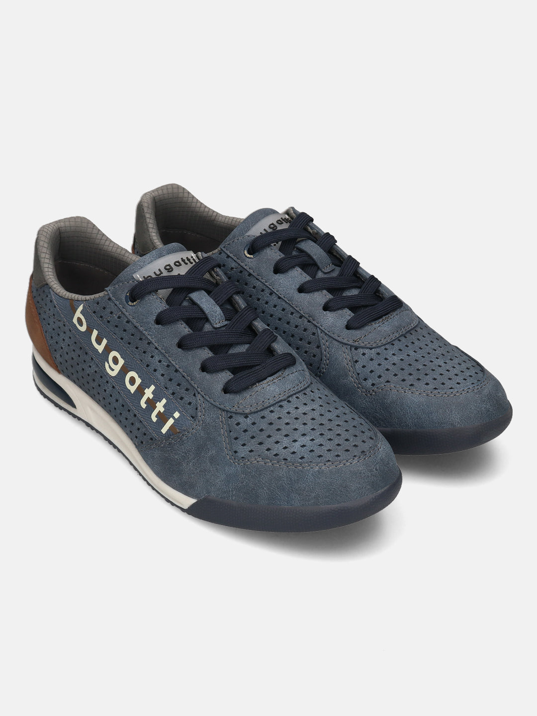 bugatti Trevor blue comfort sneakers with a perforated suede texture and dark blue laces.
