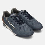 bugatti Trevor blue comfort sneakers with a perforated suede texture and dark blue laces.
