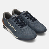 bugatti Trevor blue comfort sneakers with a perforated suede texture and dark blue laces.
