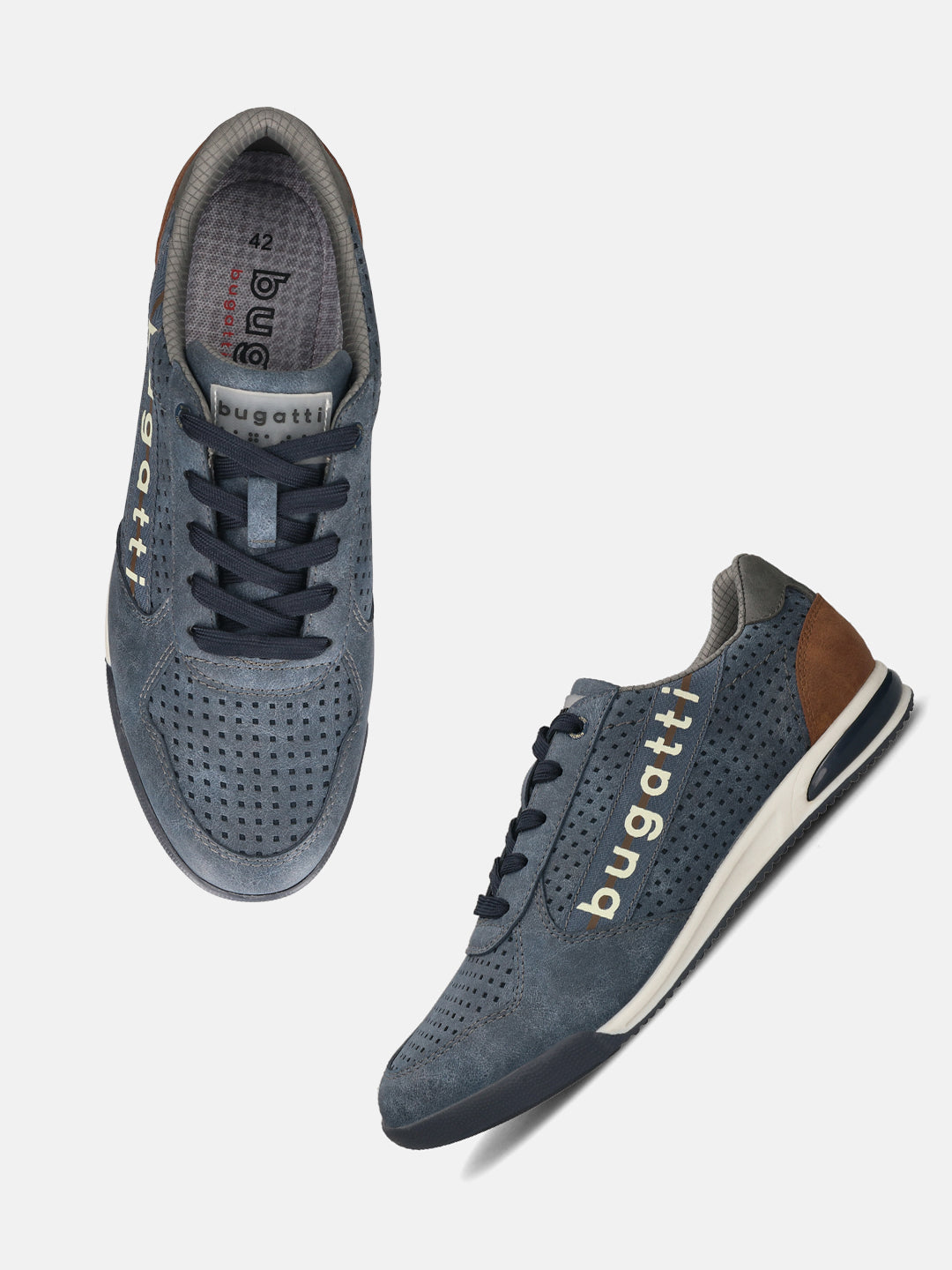 Bugatti Trevor blue comfort sneakers with navy laces, perforated suede-like texture, and white midsole.