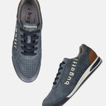 Bugatti Trevor blue comfort sneakers with navy laces, perforated suede-like texture, and white midsole.