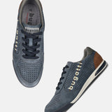 Bugatti Trevor blue comfort sneakers with navy laces, perforated suede-like texture, and white midsole.